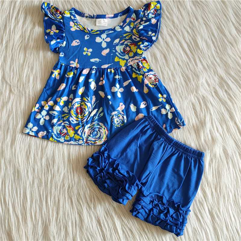 D5-16 Flower pattern dark blue short-sleeved top with blue shorts