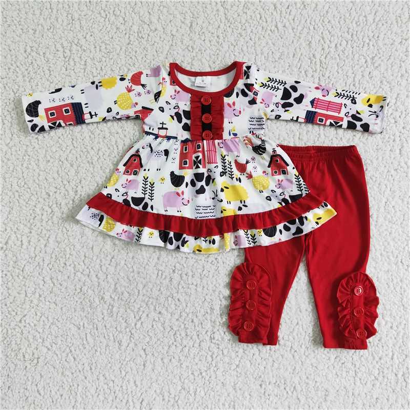 6 A8-17 Girl Farm White Long Sleeve Red Pants