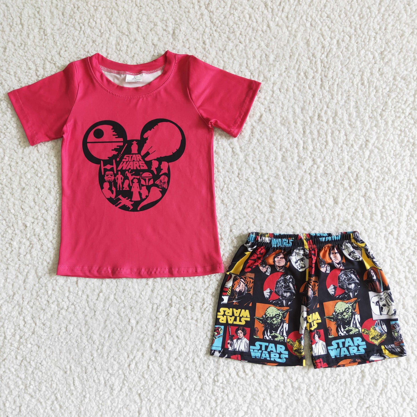 BSSO0040   New Movie Cartoon Character Printed Red Short Sleeve Top with Printed Shorts