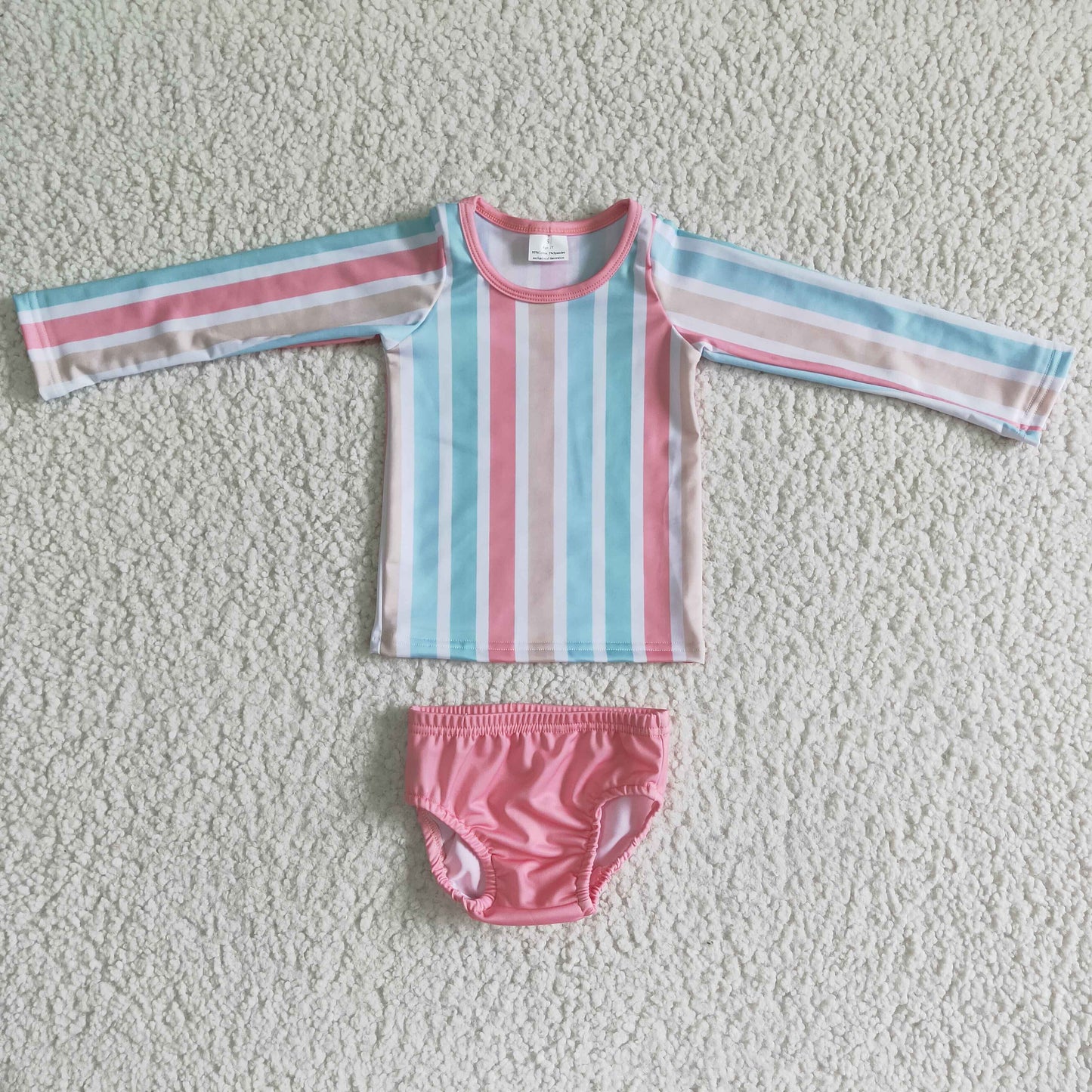 S0020 Summer girls colorful striped stitching long-sleeved top with shorts suit swimsuit
