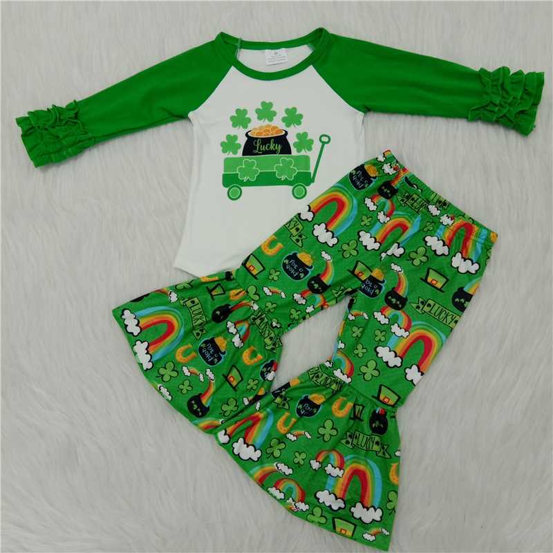 6 B10-1 St. Patrick's Day green truck-print long-sleeve top with printed trousers