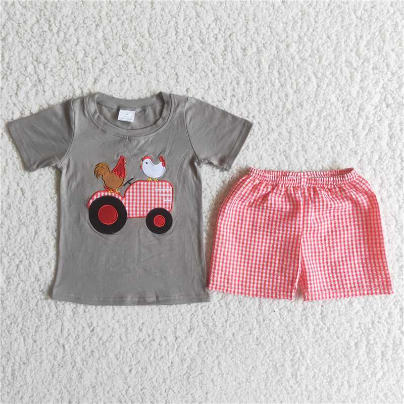 C6-4 Rooster Hen Tractor Embroidered Grey Short Sleeve Top with Red and White Plaid Shorts