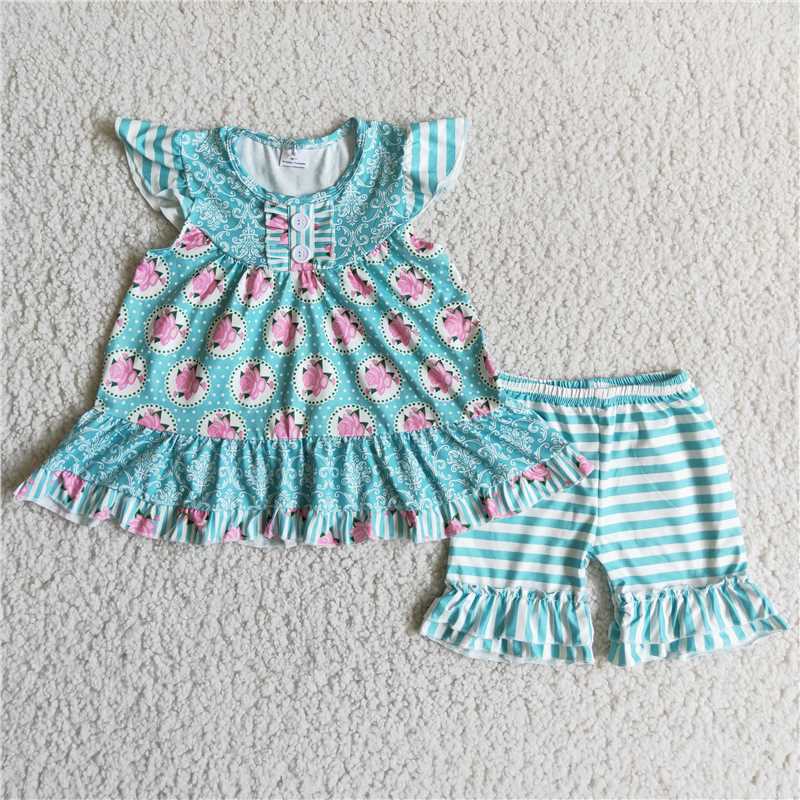 B9-10 Floral Print Light Green Short Sleeve Pants Suit with Green and White Stripes