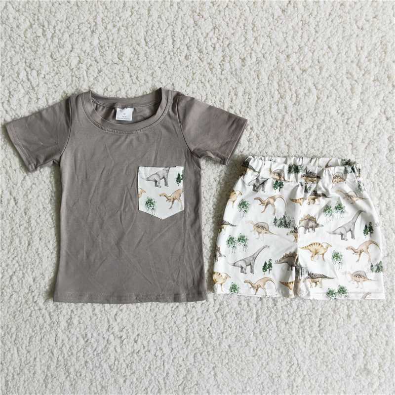D11-12 Grey Dinosaur Print Pocket Short Sleeve Top with Printed White Shorts Set
