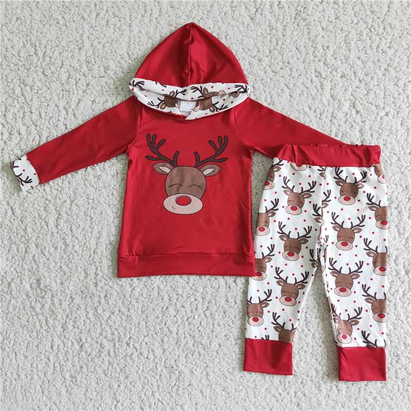 6 B1-24 Boys' Deer Red Long Sleeve Hoodie with Printed Trousers