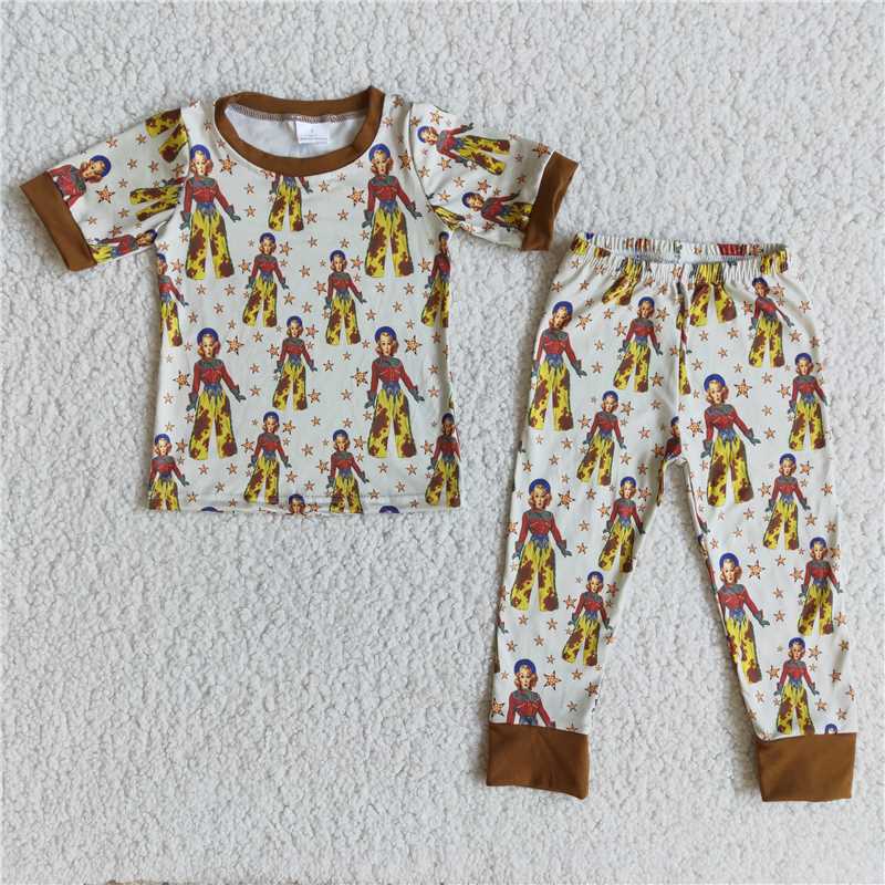 E8-13 Little Aunt Pattern Yellow Short Sleeve Pants Set