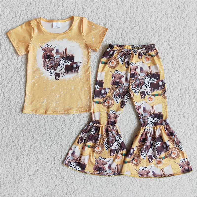 E13-17 Yellow cow print short-sleeved top with printed flared trousers