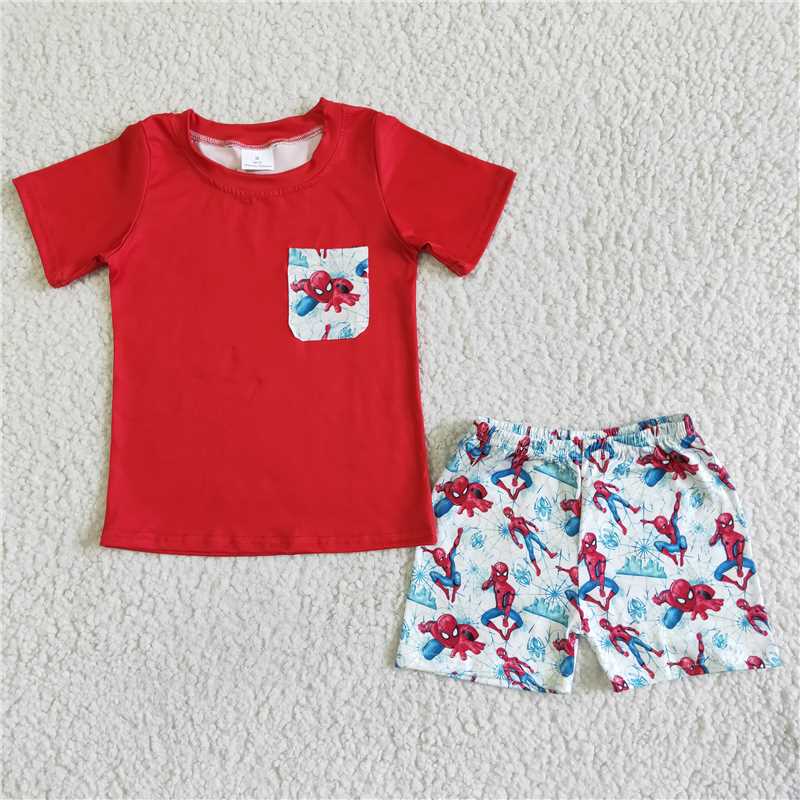 BSSO0009 Red Short Sleeve Top with Pockets with Spiderman Print Shorts