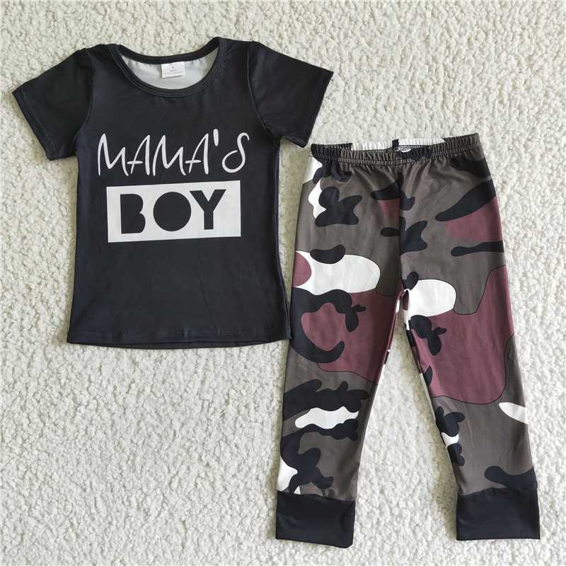 BSPO0001 Alphabet-print black short-sleeved top and camouflage trousers set
