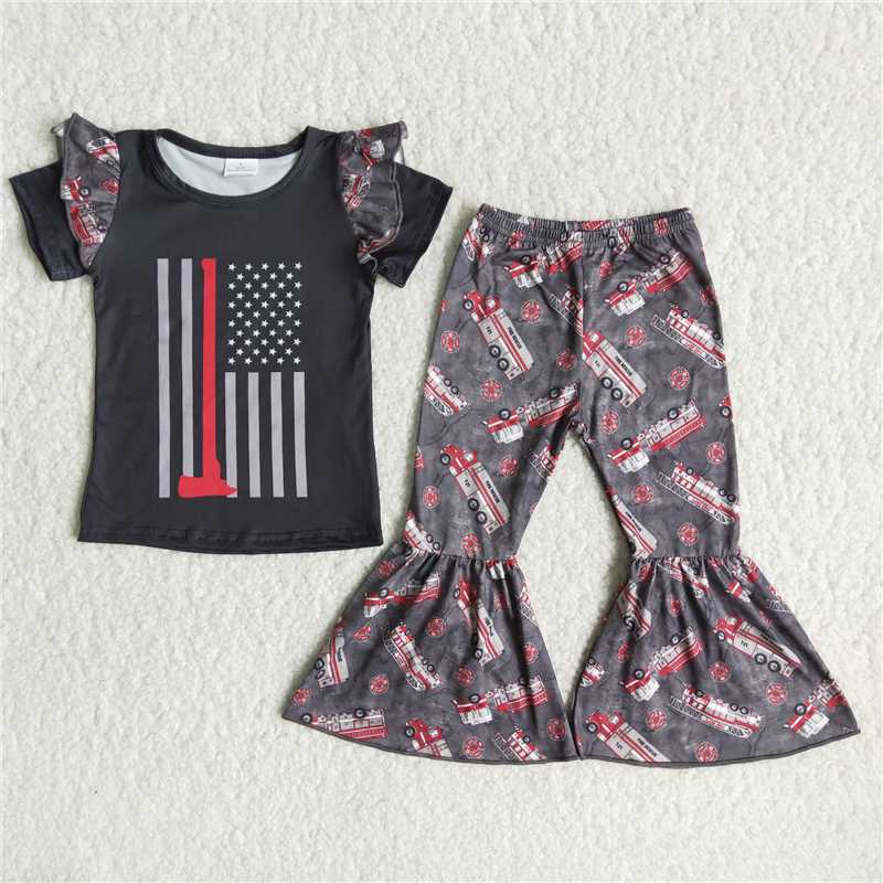 C7-24 Grey Short Sleeve Top with Fire Truck Graphic Flared Pants