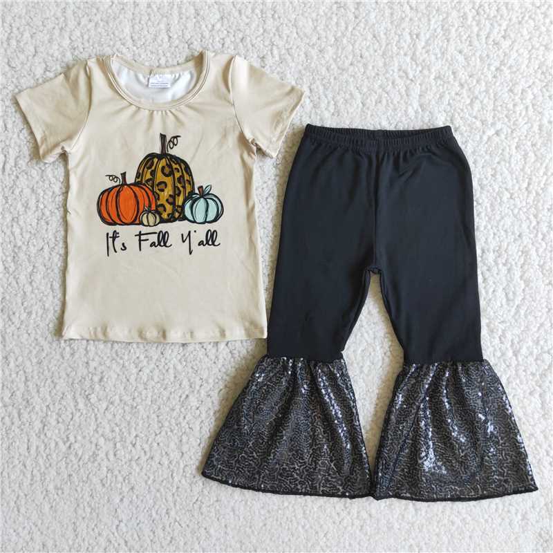 A0-11 Three-color pumpkin print short-sleeved top with black panelled sequin flared pants