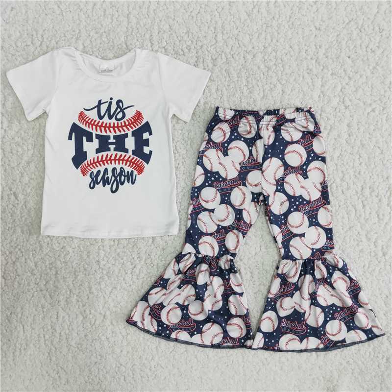 B5-13 White letter print short-sleeved top with baseball-pattern flared pants