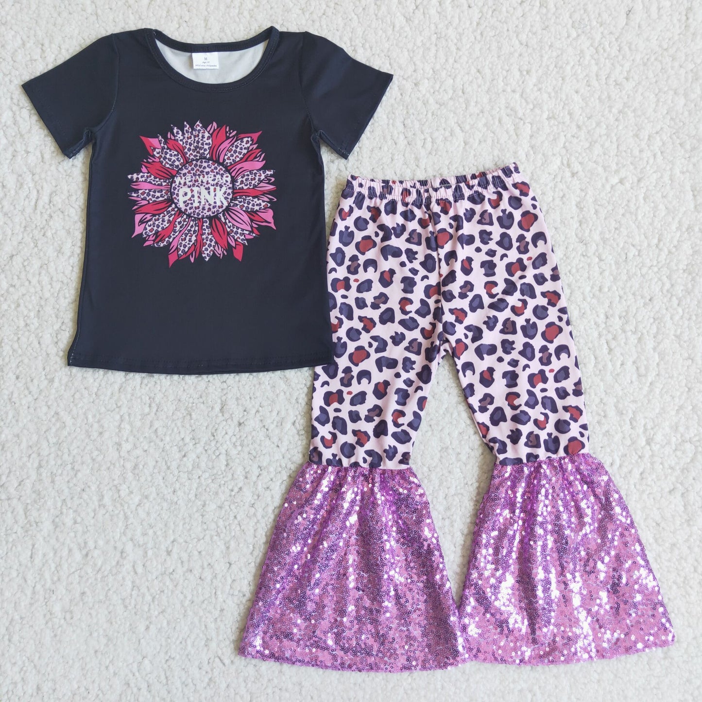 C4-21 Sunflower floral black short-sleeved top with purple leopard-patterned sequin flared pants