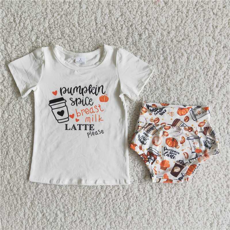 B8-9 Girls breast milk White Short Sleeve Top Pumpkin Thong Set