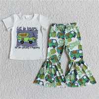 E8-2 Spring and Fall Clothing White short-sleeved top with car graphic green flared pants