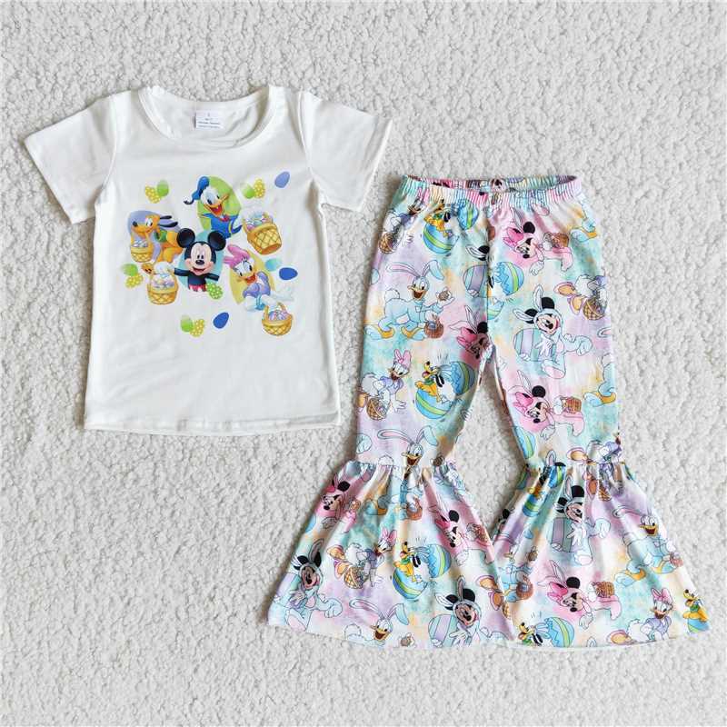 E10-18 New Anime Movie Character Print White Short Sleeve Top with Flared Pants