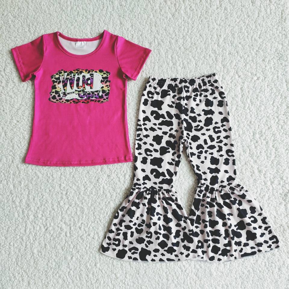 B7-30 Rose red letter short-sleeved top with leopard-print flared pants