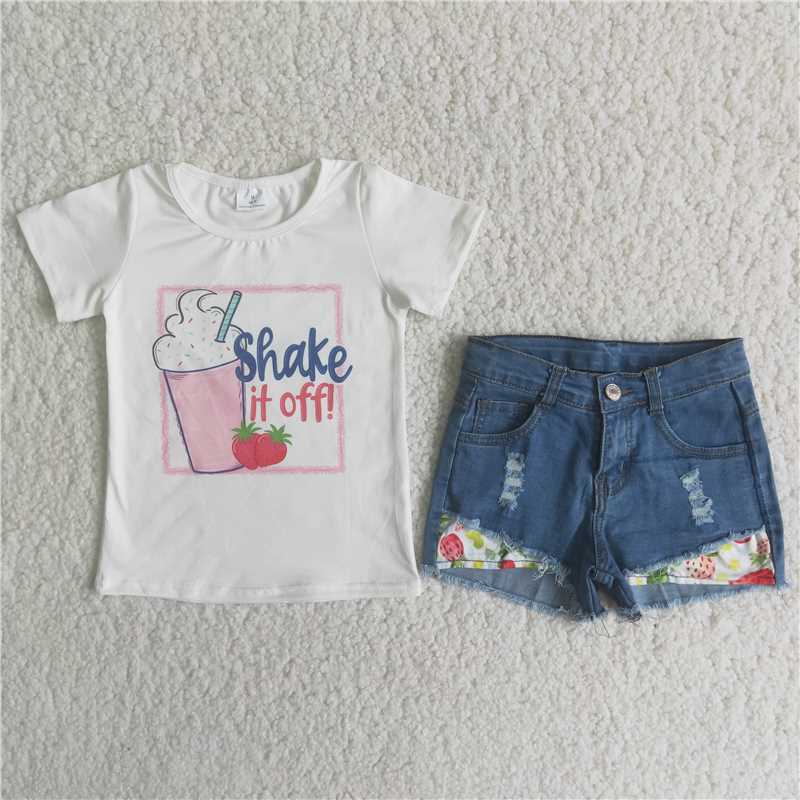 D8-17 White printed short-sleeved top with printed shorts summer girls