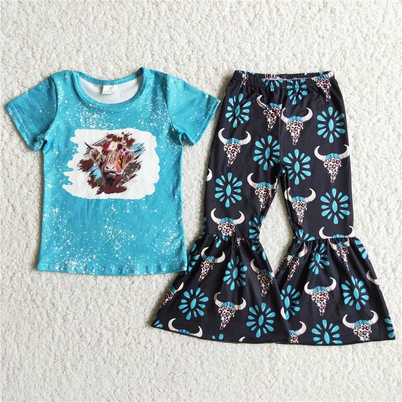 D8-28 Cow head flower print blue short-sleeved top with leopard cow head pattern flared pants