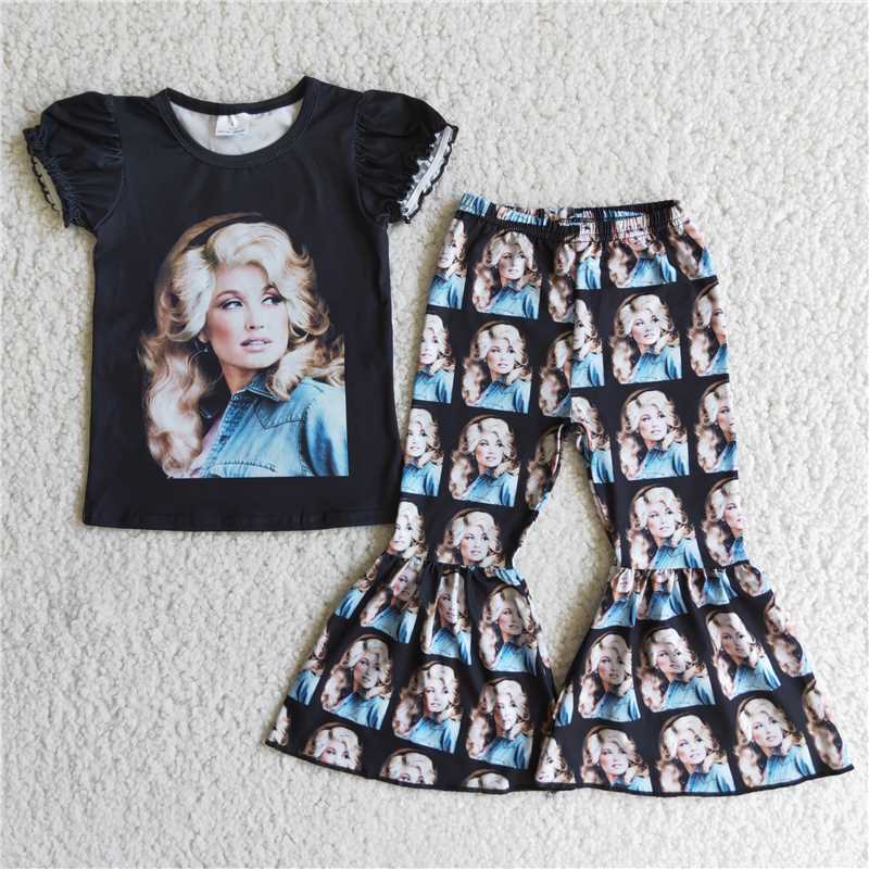 D3-3 Girls head print black short-sleeved top with printed flared pants
