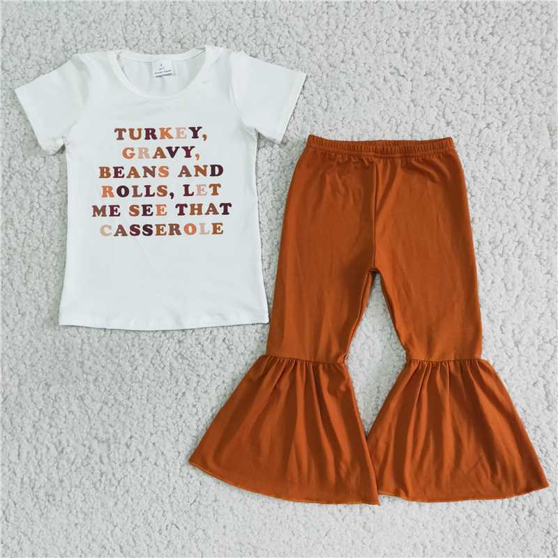 D7-18 Letter-print short-sleeved top with brown flared pants