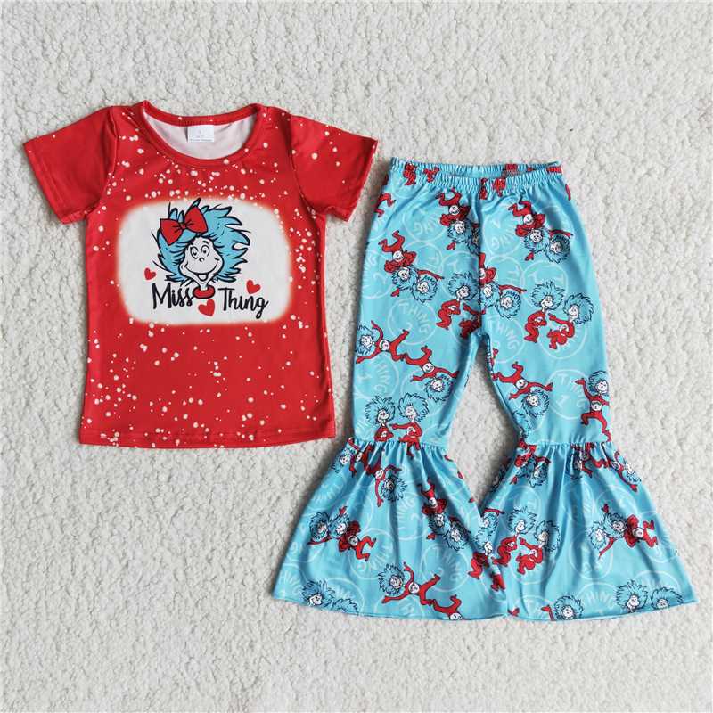 E12-27 New Anime Movie Character Print Red Short Sleeve Top with Blue Print Flared Pants