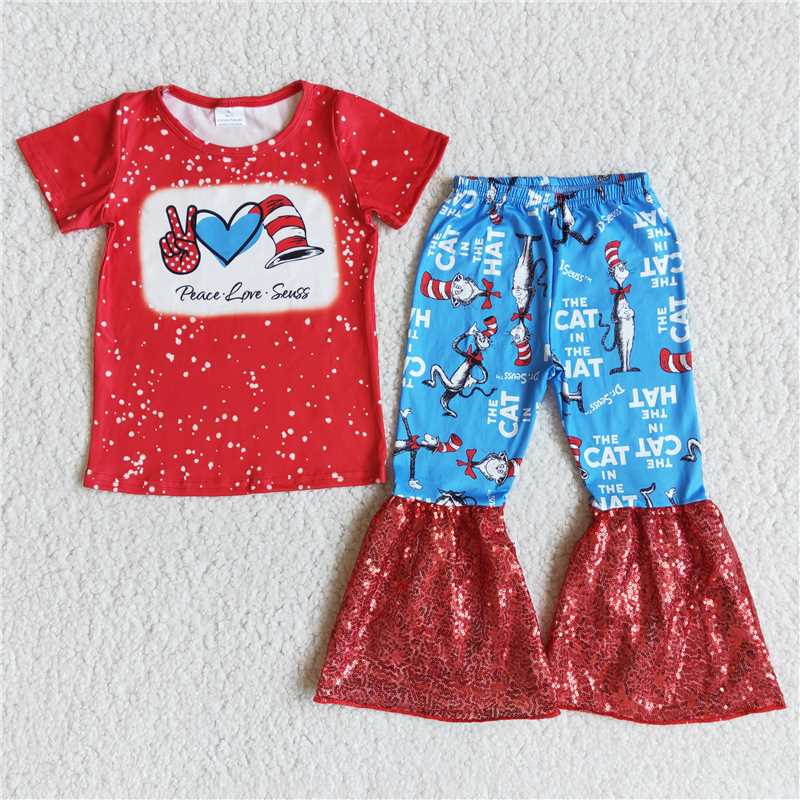 E13-27 Heart-print red short-sleeved top with blue print and red sequin flared pants