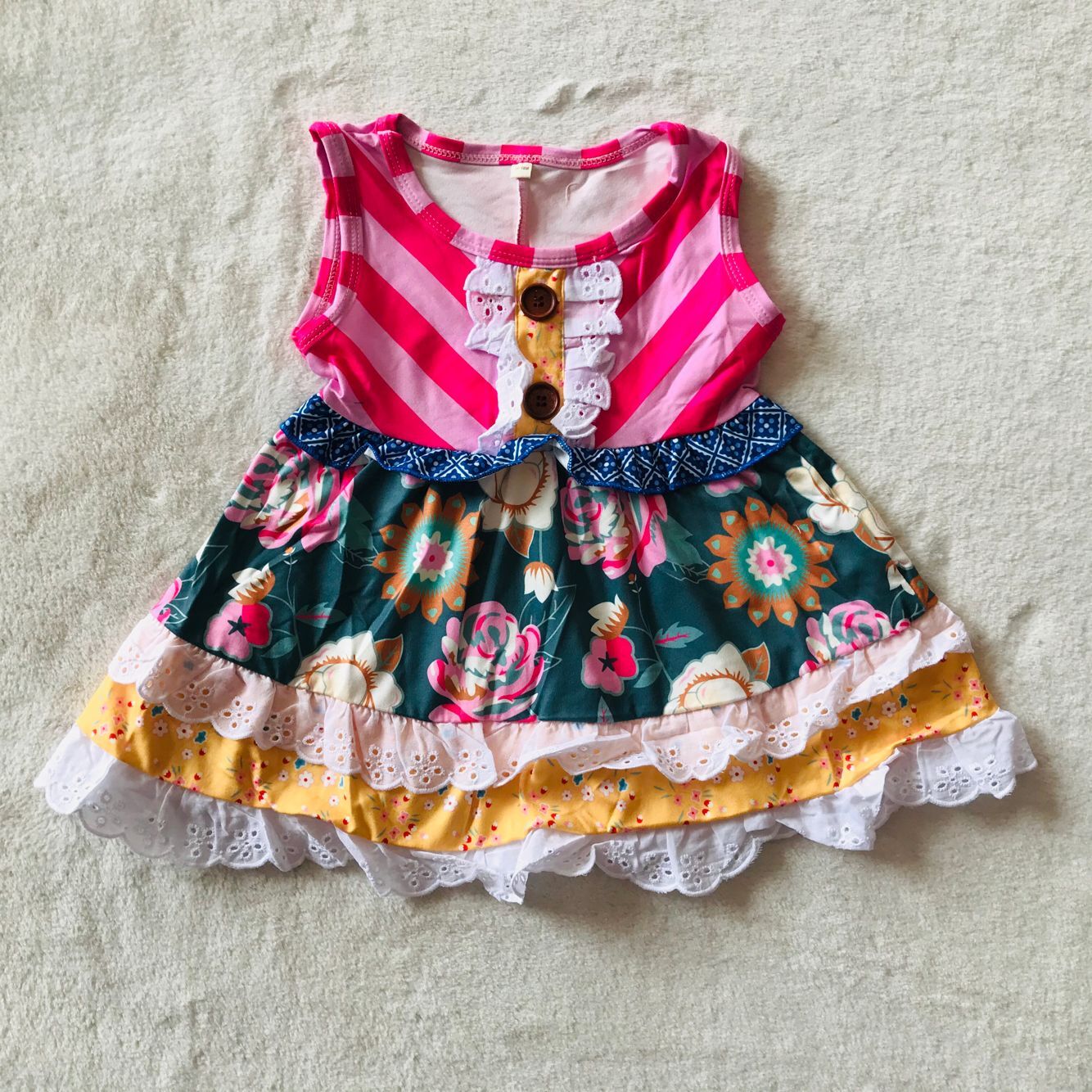 G4-23-6   Pink Striped Button-Up Floral Print Dress