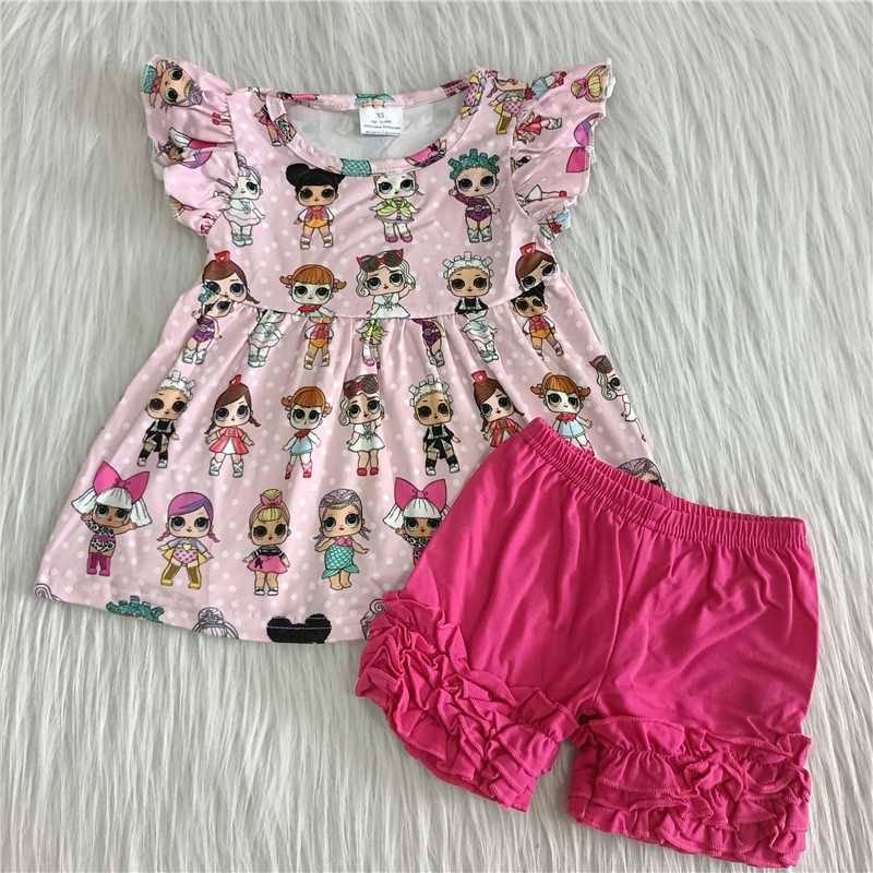 C5-14 Anime Movie Print Little Girl Pink Short Sleeve Top With Rose Red Shorts