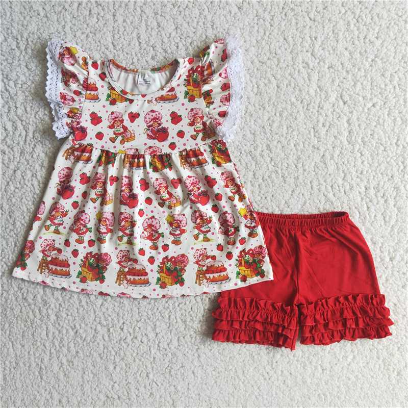 E2-16 Cartoon character print short-sleeved top with red shorts