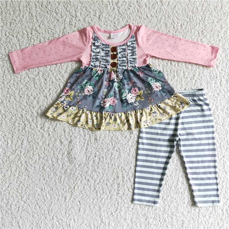 6 B0-17     Girls Autumn Flower Pink Long Sleeve Striped Suit