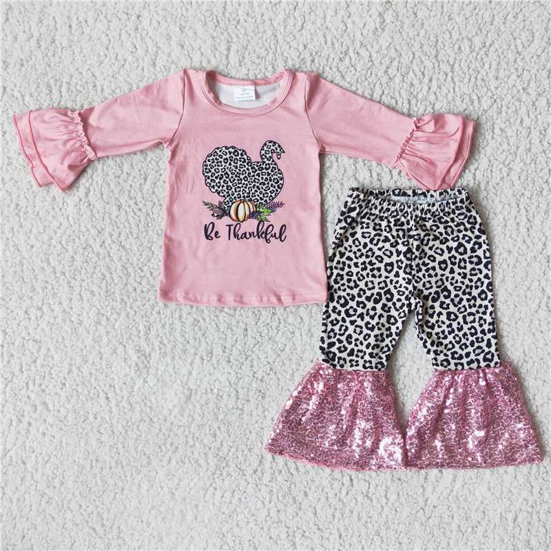6 B5-1 Pink Pumpkin Print Long Sleeve Top with Leopard Patchwork Pink Sequin Flared Pants