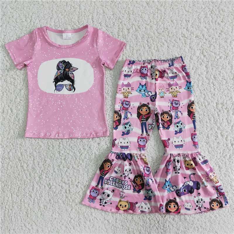 A12-11 Pink Printed Short Sleeve Top with Anime Movie Printed Flared Pants