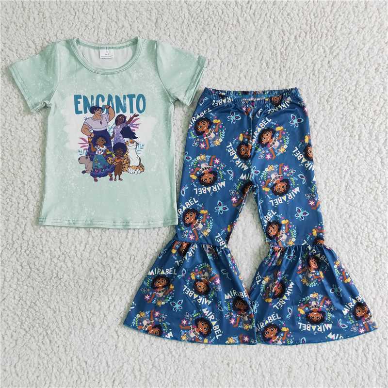 B16-28 Cartoon character green short-sleeved top with flared pants