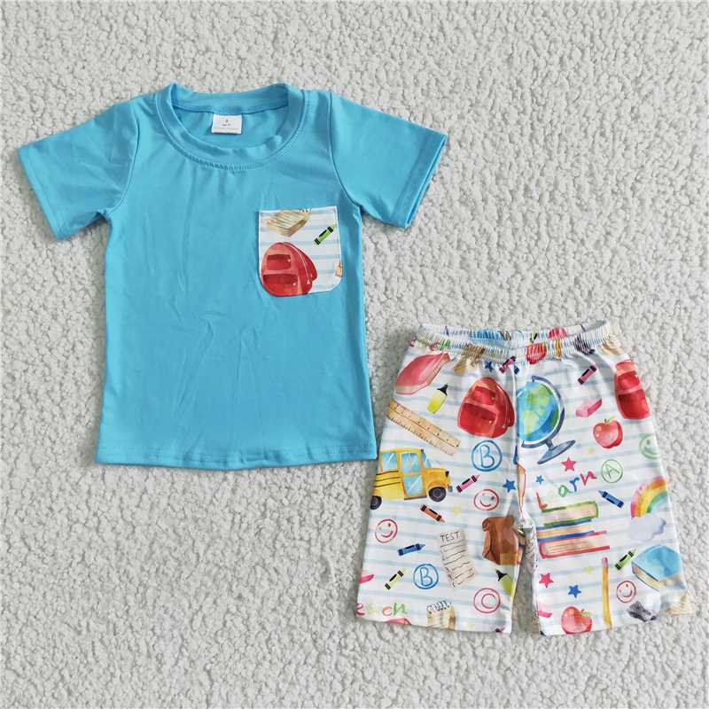 BSSO0071 Blue Pocket Short Sleeve Top with School Bus Bag Print White Shorts