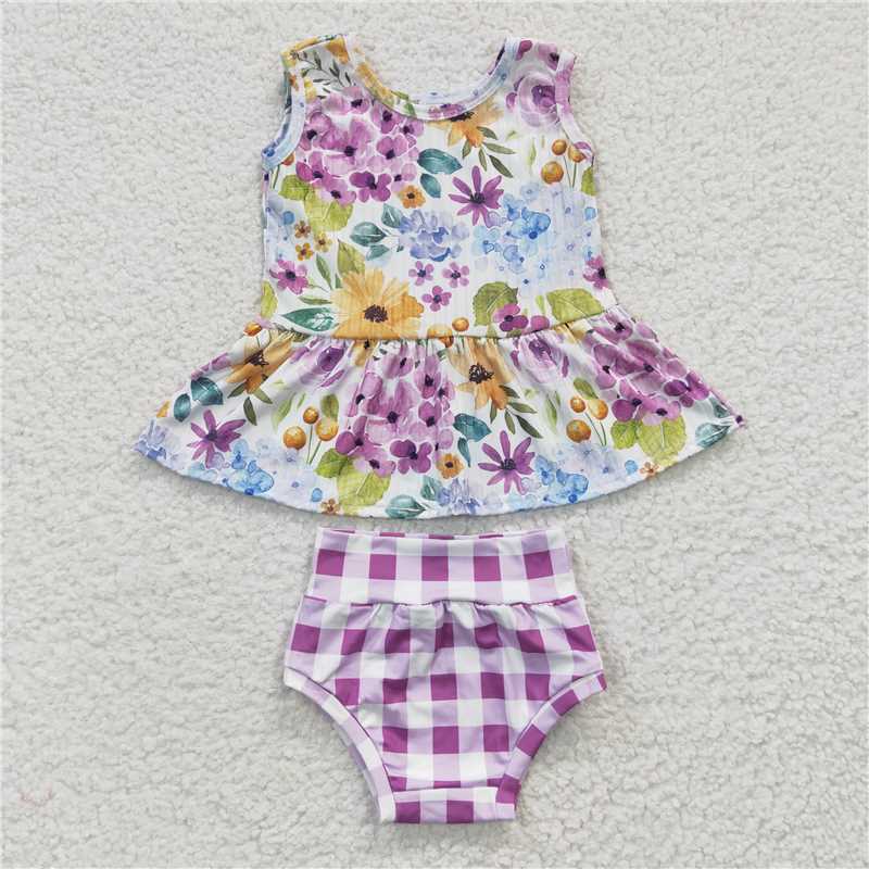GBO0086Summer girl purple flower sleeveless plaid briefs boutique set wholesale price