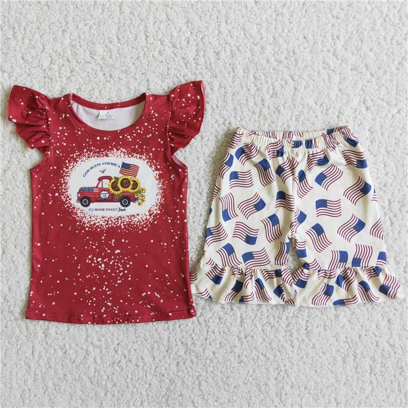 D9-19 Car, sunflower print red short-sleeved top with printed shorts