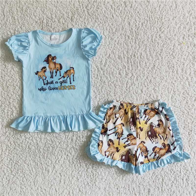 B17-30 New Anime Movie Pony, Little Girl Printed Blue Short Sleeve Top with Shorts