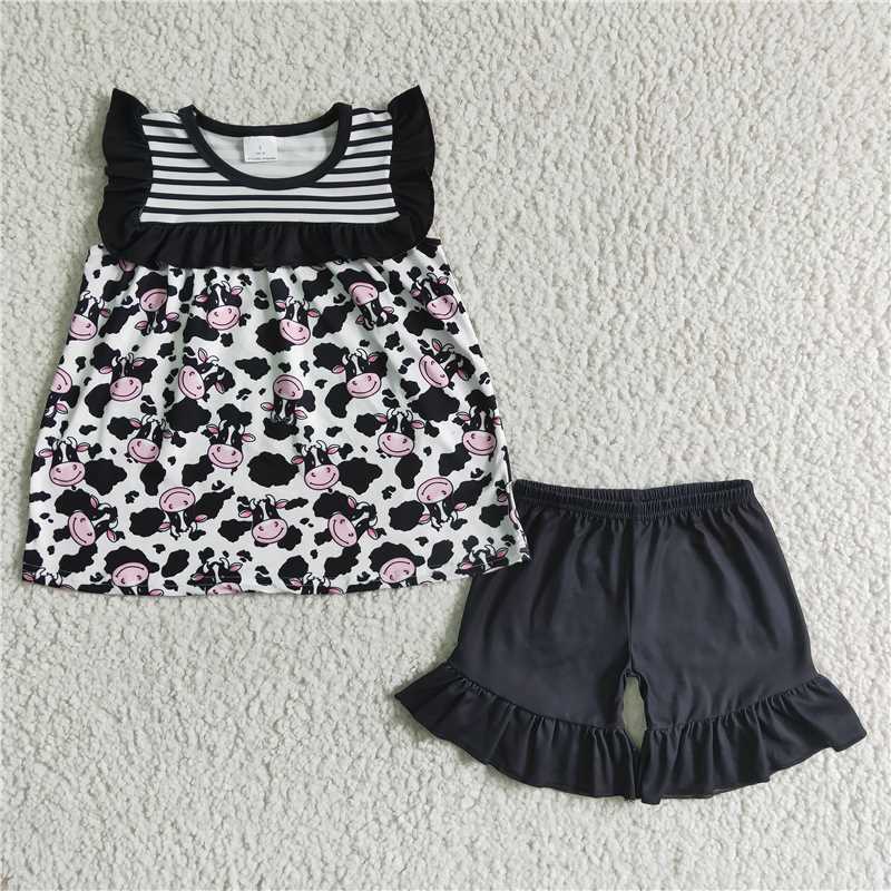 GSD0045 Cow Spot Print Panel Black and White Striped Sleeveless Top with Black Shorts Suit