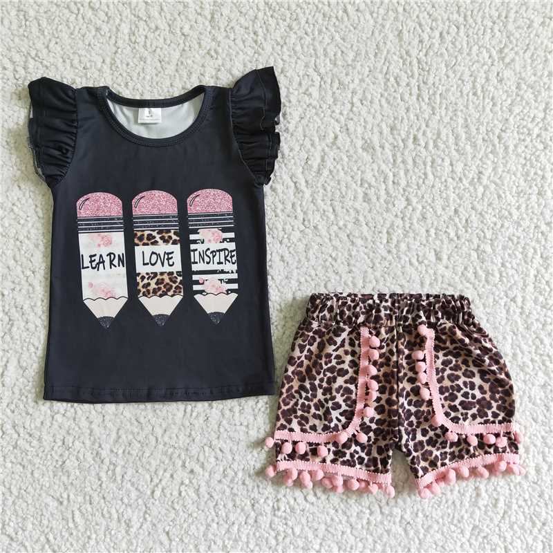 GSSO0117 Pencil Print Black Short Sleeve Top with Leopard Print Shorts