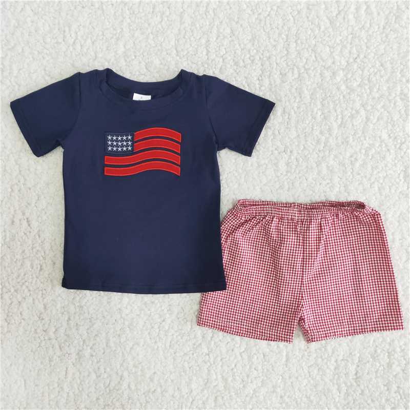 A12-23 National flag print navy short-sleeved top with pink plaid shorts