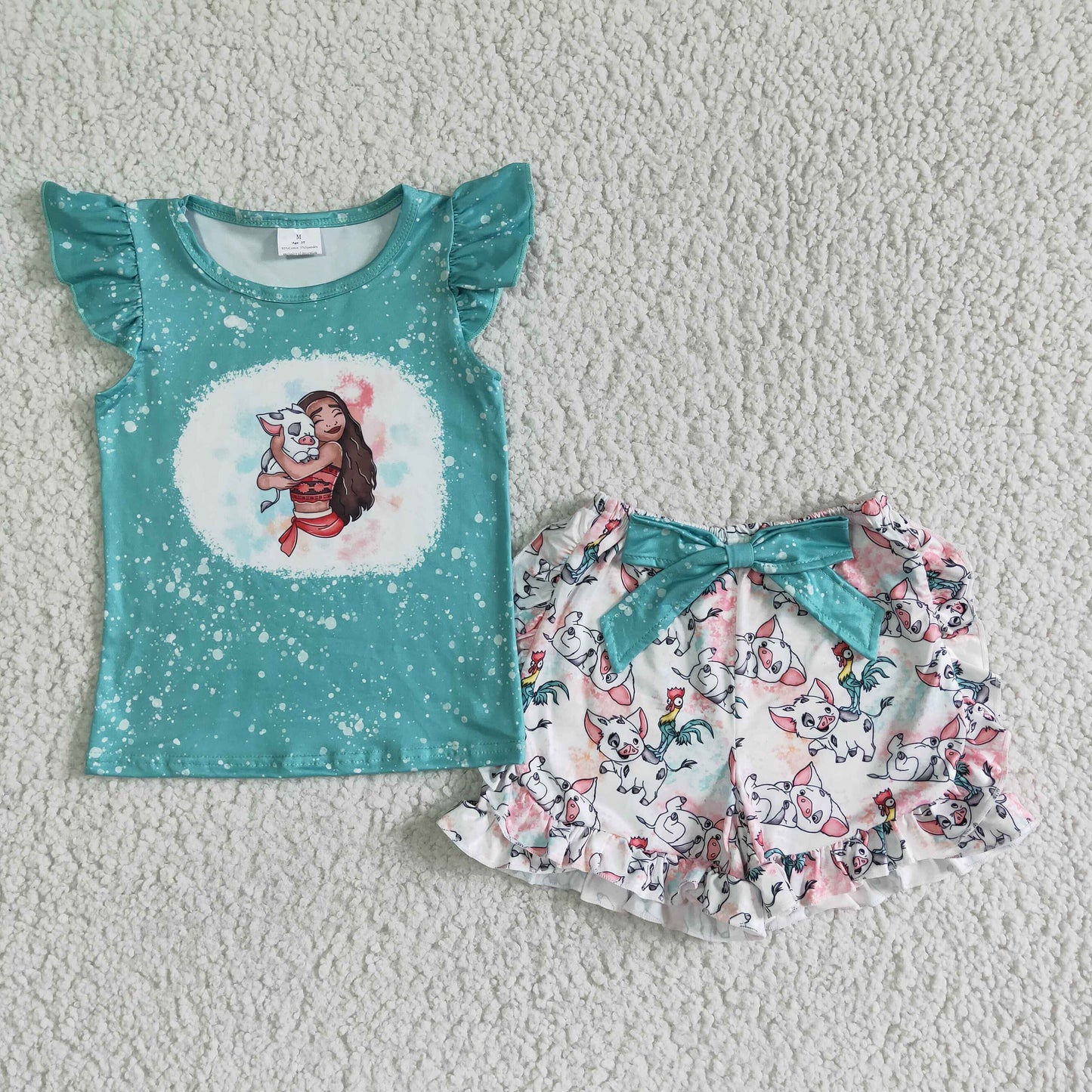 GSSO0070 Little girl print blue short-sleeved top with white shorts suit