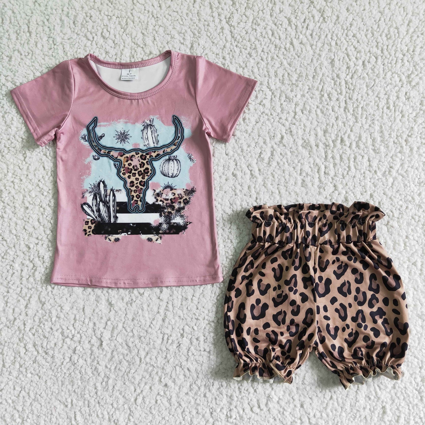 GSSO0089 Bull head print pink short-sleeved top with leopard-print shorts