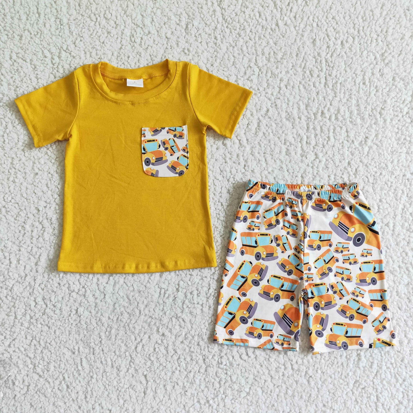 BSSO0041 Yellow Pocket Short Sleeve Top with Car Graphic Printed White Shorts