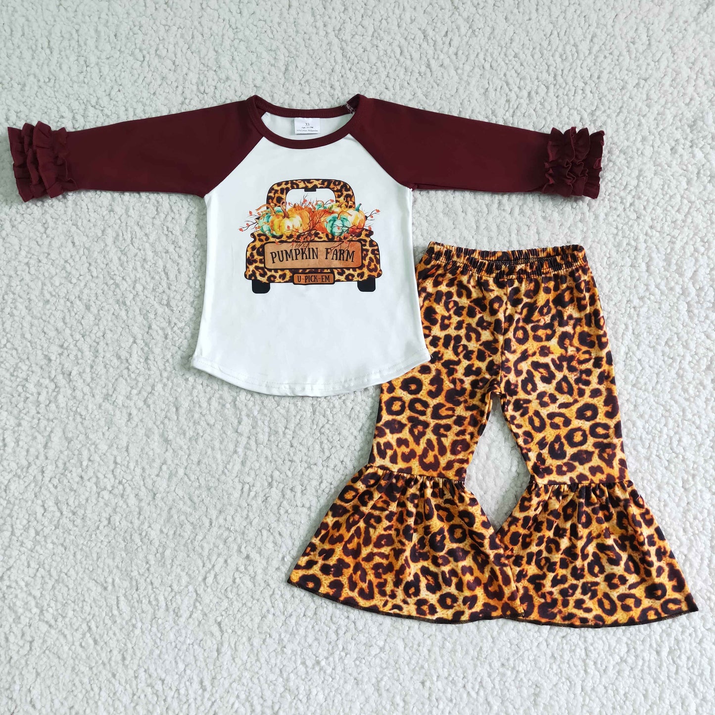6 C8-37 Leopard Print Car Pattern Printed White Patchwork Brown Long Sleeve Top with Leopard Print Flared Pants