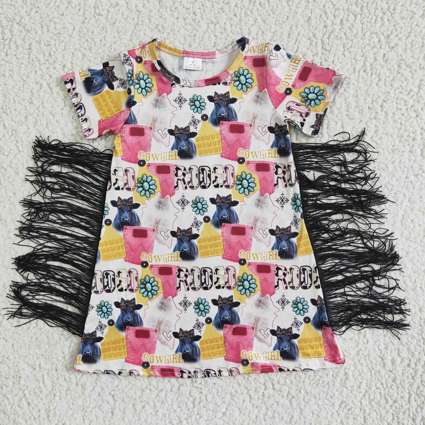 GSD0090 Cow Pattern Letter Short Sleeve Fringe Short Sleeve Dress