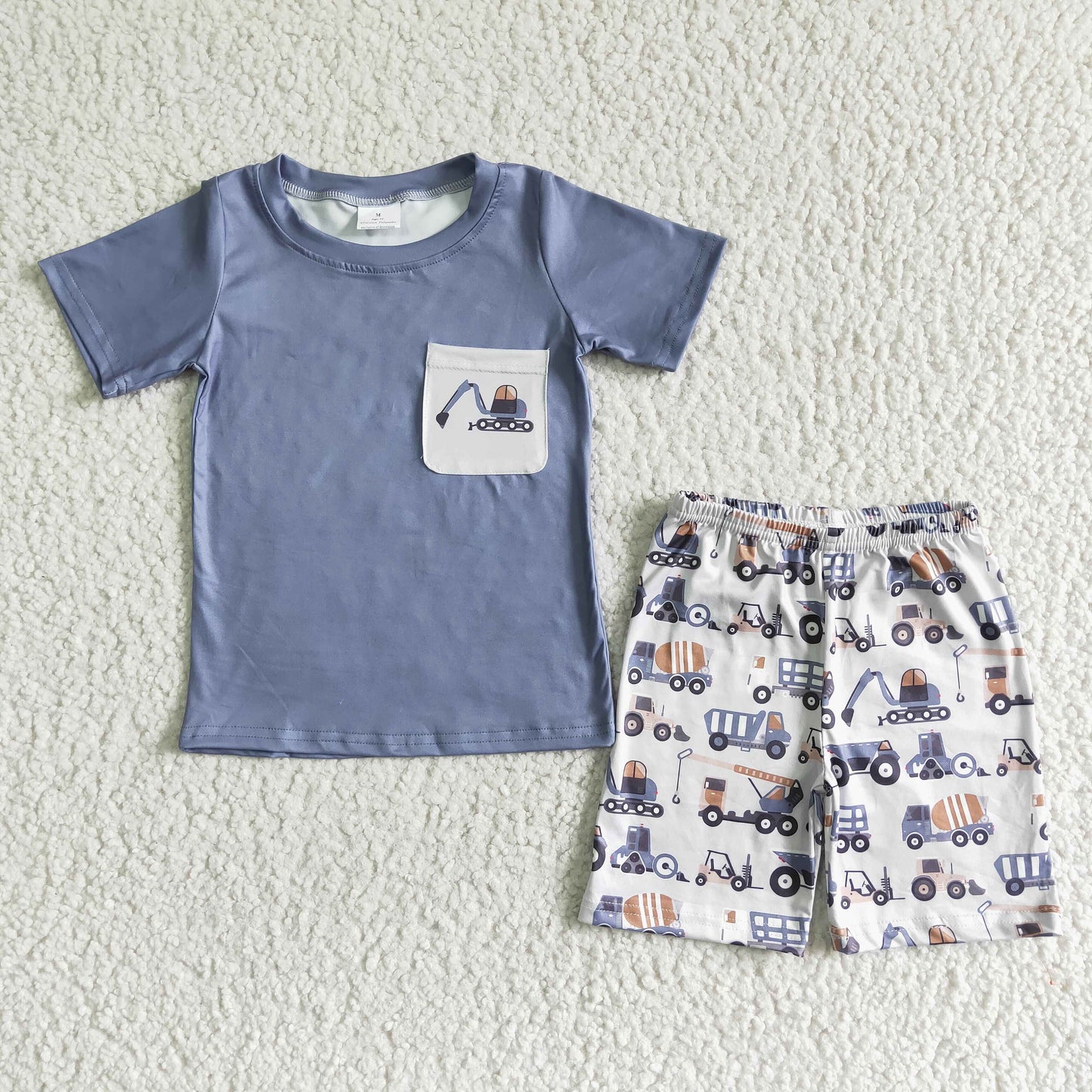 BSSO0063  Grey Pocket Short Sleeve Top with Digger Print Shorts Set