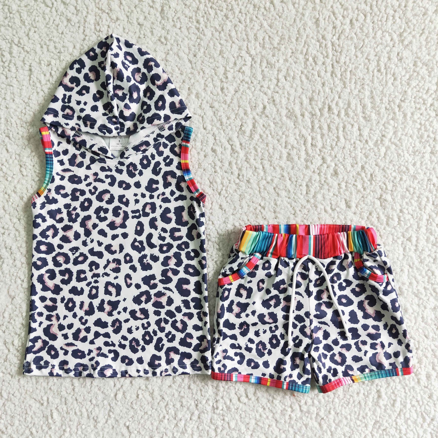 BSSO0060 Leopard Print Sleeveless Hooded Top with Leopard Shorts Set