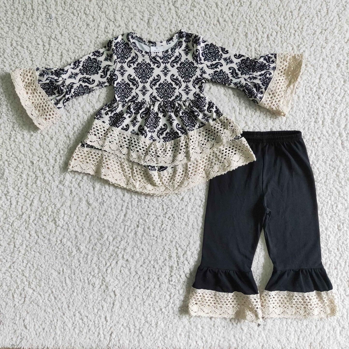 6 A11-16 Girls Lace Trim Long Sleeve Top Black Pants