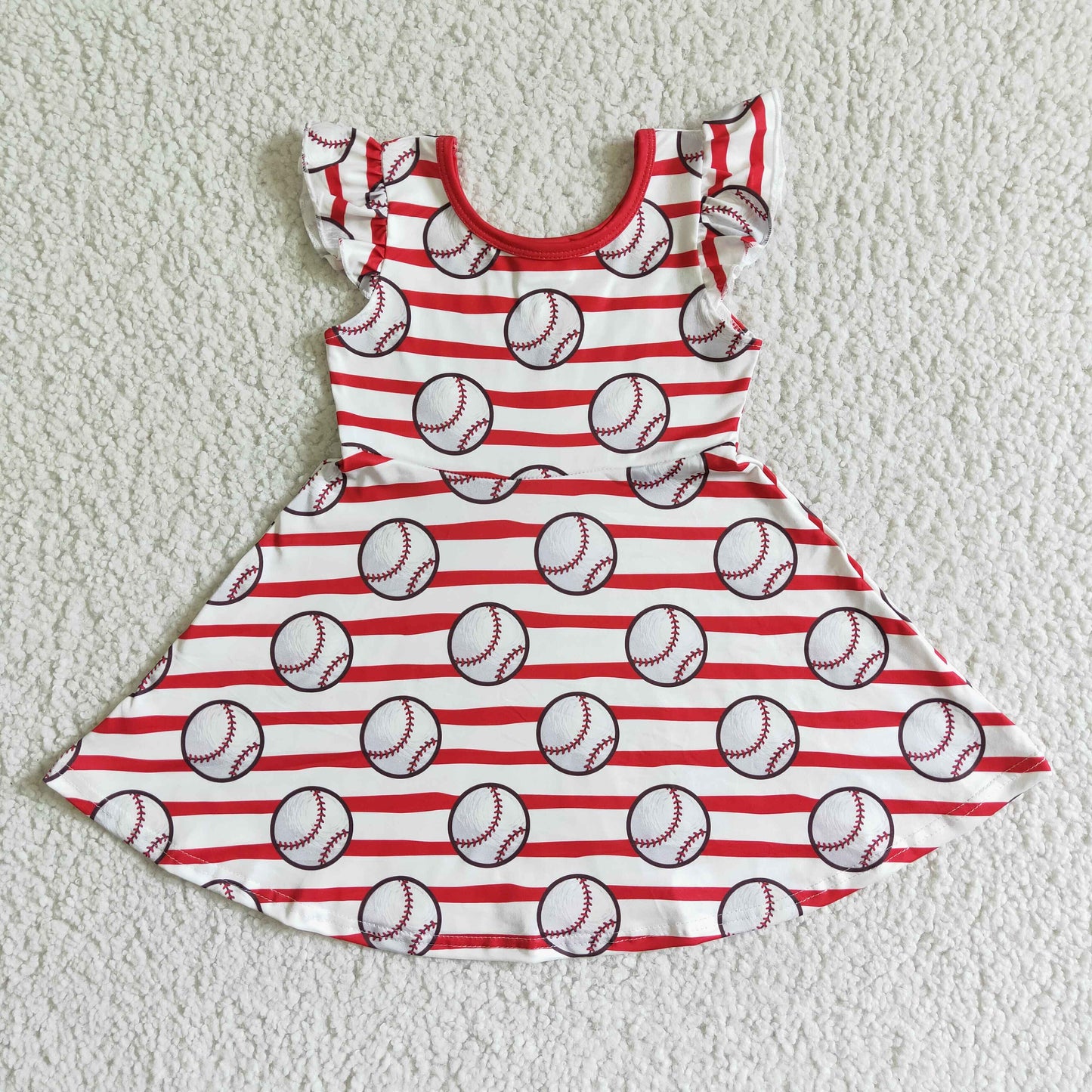 GSD0083   Baseball Graphic Print Red and White Striped Panel Short Sleeve Dress
